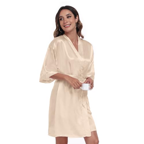 Chic Defend Women's Satin Robe Bride Bridesmaid Short Kimono Robes with Silver Rhinestones for Wedding Party Getting Ready