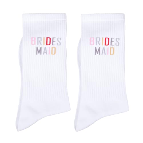 Tucnoeu 2 Pairs Bridesmaid Gifts, White Brides Maid Socks, Embroidered Socks for Women, Soft Cotton Bridal Sock