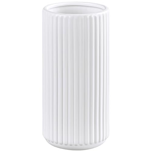 White Ceramic Flower Vase for Pampas Grass, 10 inch Large Decorative Centerpiece Ribbed Vase for Dining Table, Office Desk...
