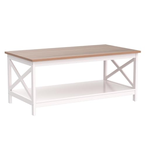 PHI VILLA Farmhouse Coffee Table for Living Room, White Coffee Tables with Storage Rustic Style Modern