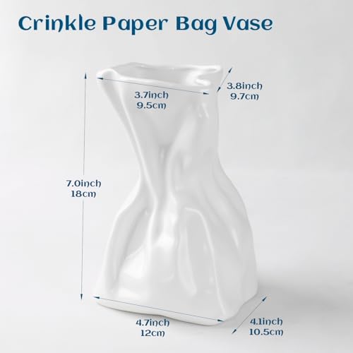 Paper Bag Vase for Flower, Unique Crinkle Design White Ceramic Vase, Flower Vase for Aesthetic Home Decor, Wedding Dinner ...
