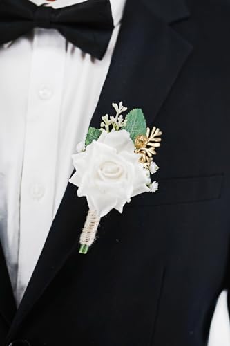 Yelinart 1 pc Ivory Rose Men Boutonniere for Wedding Groom Groomsmen Artificial Flowers Boutonniere for Prom Homecoming