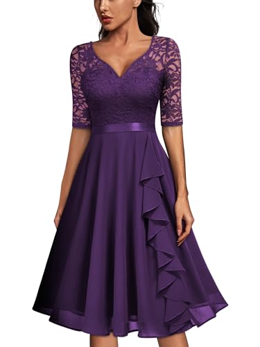 MISSMAY Women's V-Neck Floral Lace Elegant Style Half Sleeve Bridesmaid Party Dress