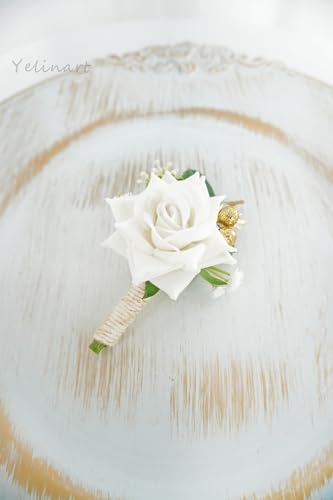 Yelinart 1 pc Ivory Rose Men Boutonniere for Wedding Groom Groomsmen Artificial Flowers Boutonniere for Prom Homecoming