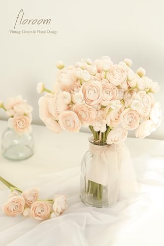 Floroom Ranunculus Artificial Flowers 18 Pcs Champagne Faux Silk Mini Ranunculus Bulk Fake Wedding Filler Flowers for DIY ...