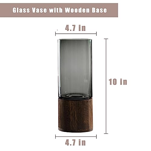 Artistic Wood Glass Vase, 10" H, Wooden Base Cylindrical Flower Vase, Classic Boho Rustic Style for Fireplace Bedroom Kitc...