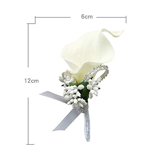 ChezMax Calla Lily White Boutonniere Handmade Silk Flower with Ribbon Corsage for Bride Groom Wedding Party 6 Packs