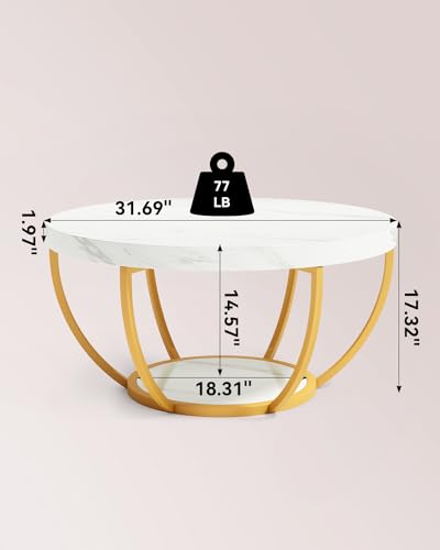 LITTLE TREE Round Coffee Table, 32" Circle Faux Marble Coffee Tables for Living Room, 2-Tier Golden Metal Legs Accent Cent...