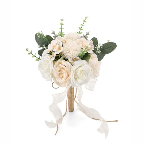 Vkkperp 9.5In Wedding Bouquets for Bride Bridesmaid, Champagne Roses White Artificial Flowers Toss Bouquet for Wedding Par...