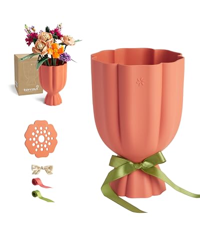 Bouquet Vase for Lego & Crafted Flowers - Flower Arrangement Vase with Floral Grid & Ribbons, Impact Resistant, BPA-Free A...