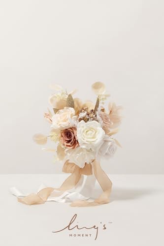 Ling's moment Artificial Bridesmaid Bouquets Set of 4,Boho Wedding Flower Bouquets White Beige Floral Bouquet Ivory Brides...