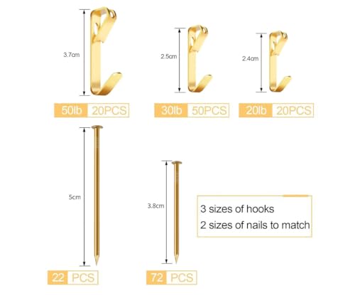 184 Pieces Picture Hanging Kit, 20lb, 30lb, and 50lb Picture Hangers, Metal Picture Hanging Hooks with Nails, on Drywall, ...