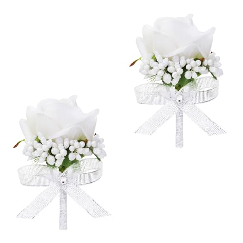 Vkkperp White Rose Boutonniere for Men, Set of 2, Groom and Best Man Artificial Boutonnieres, for Wedding Anniversary Cere...