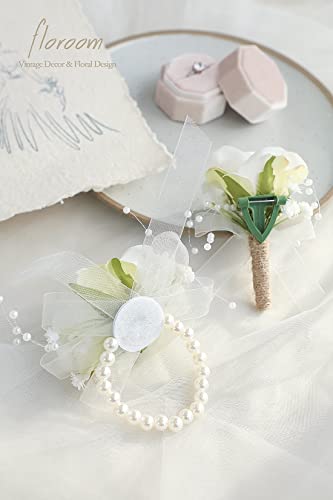 Floroom Ivory Rose Wrist Corsage Bracelet Wristlet Band and Men Boutonniere Set for White Wedding Flower Accessories Prom ...