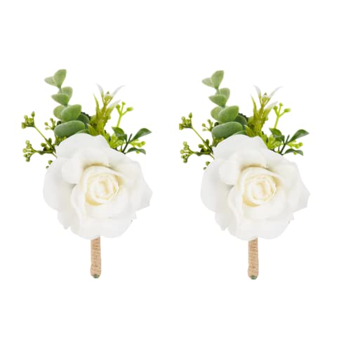 Meldel Ivory White Rose Boutonnieres for Men Wedding, Set of 2, Artificial Corsage for Prom, Groom and Groomsmen Boutonnie...