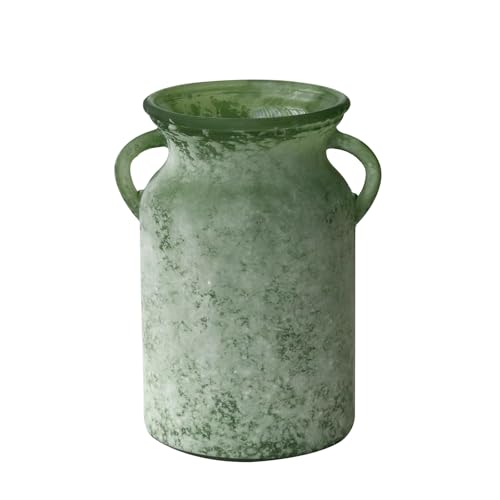 Glass Flower Vase with Handle – 8 Inches Rustic Imitation Ceramic Vase for Flowers, Vintage White Green Centerpiece Decor ...
