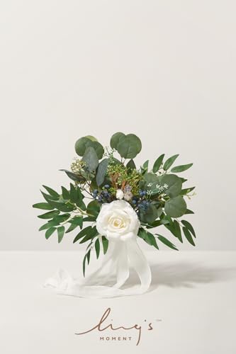 Ling's moment Artificial Bridesmaid Bouquets Set of 6 Eucalyptus Wedding Flower Bouquets White Floral Bouquet Bridal Bouqu...