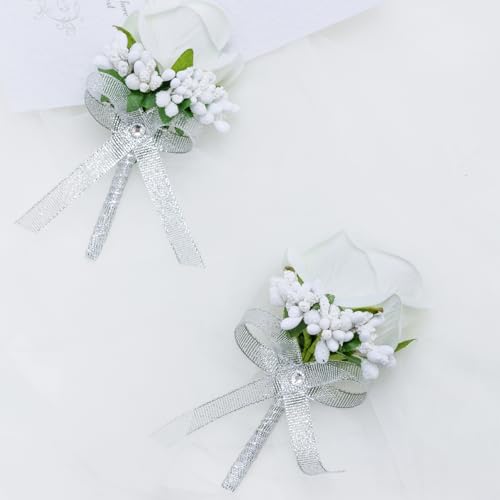 Vkkperp White Rose Boutonniere for Men, Set of 2, Groom and Best Man Artificial Boutonnieres, for Wedding Anniversary Cere...