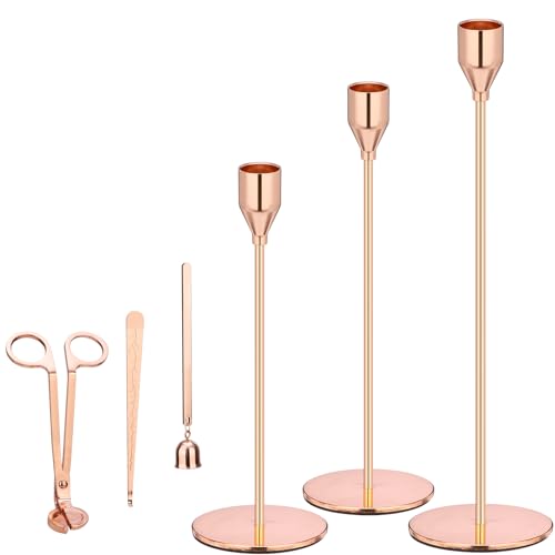 Rose Gold Taper Candle Holders, Candlestick Holders, Candle Holders with 3 in 1 Candle Accessory Set, Metal Candle Stand f...
