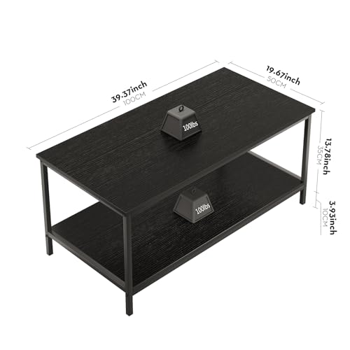 SAYGOER Black Coffee Table for Living Room Modern Rectangle 2-Tier Coffee Tables with Storage Industrial Wood Center Table...