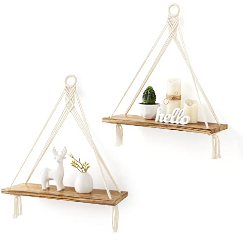 Mkono Macrame Hanging Shelves Boho Wall Decor Set of 2 Rustic Wood Floating Storage Shelf for Bedroom Bathroom Living Room...
