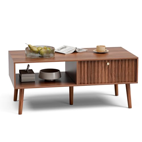 LCRBOL Coffee Table with Storage, Mid Century Dining Table with Fluted Drawer and Solid Wood Legs, Small Coffee Tables for...
