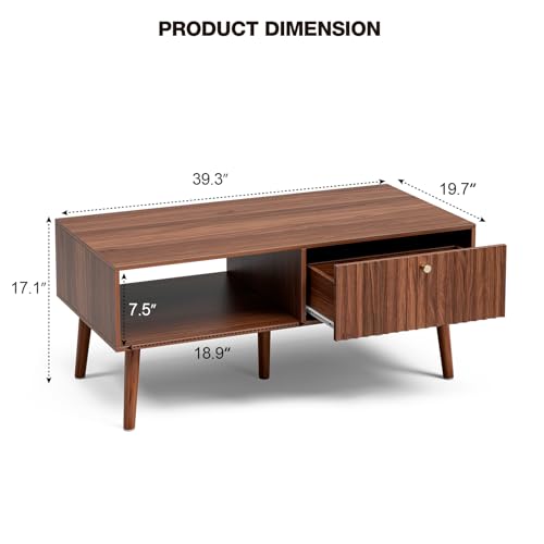 LCRBOL Coffee Table with Storage, Mid Century Dining Table with Fluted Drawer and Solid Wood Legs, Small Coffee Tables for...
