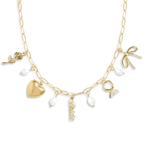 xo, Fetti Gold Bride Charm Necklace | Pearl Bachelorette Accessory, Rhinestone Bridal Jewelry, Bach Party Decorations, Bri...