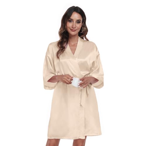 Chic Defend Women's Satin Robe Bride Bridesmaid Short Kimono Robes with Silver Rhinestones for Wedding Party Getting Ready