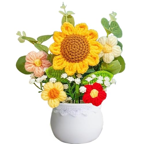 Crochet Flowers Artificial Sunflower Baby's Breath Knitted Eternal Potted Plants,Handmade Crocheted Puff Flowers Potted,Ha...