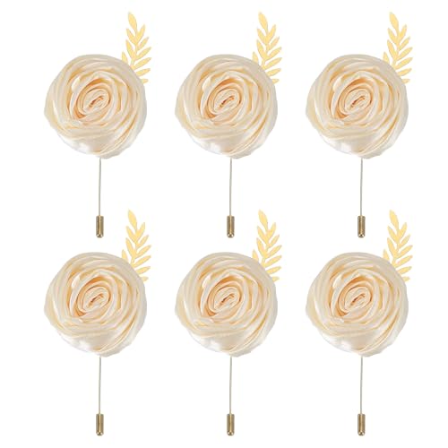 MECCANIXITY 6 Pcs Groom Boutonnieres Rose Boutonnieres Pins for Men Wedding Ceremony Anniversary Prom Formal Party, Beige(...