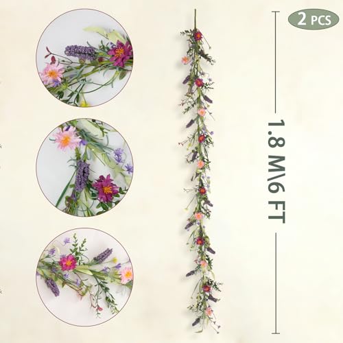 idyllic 6ft 2PCS Spring Pink Lavender Vine Garland Artificial Flower Decor for Front Door Mantel Table Stair Railing Windo...