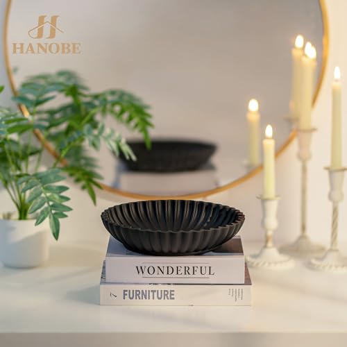 Hanobe Black Decorative Bowl Decor: Modern Resin Scalloped Ruffle Key Tray for Home Living Entryway Coffee Tables Centerpi...