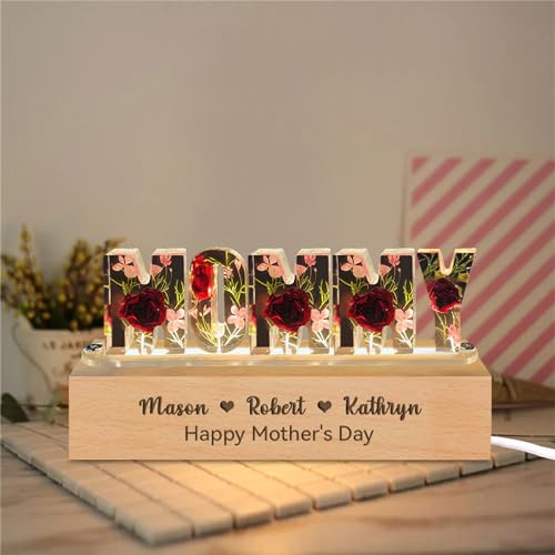 Smallduuck Personalized Grandma Resin Flower Lamp Custom Resin Letter Lights with 1-15 Name Epoxy Resin Night Light Dry Fl...