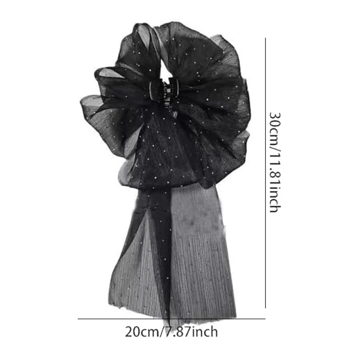 Rannyrena Large Hair Bow for Women Long Satin Silk Knot Hair Claw Clips Lace Black Tulle Hair Barrettes with Pearls Long T...