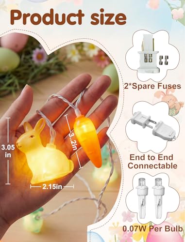 Pallerina Easter Bunny Carrot String Lights, 8.5Ft Plug in Fairy Lights with 10 LED Rabbit and Carrot Lights, Cute Spring ...