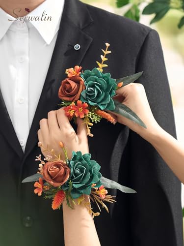 Serwalin 2 Pcs Boutonniere, 6-7 Inch Teal Orange Corsage for Wedding, Boutonniere for Men Groom and Best Man Prom Ceremony...