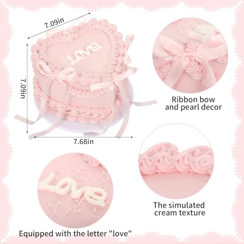 7 Inch Pink Bow Fake Cake, Heart Shaped Artificial Birthday Cake with Pearls and Love Word, Faux Bakery Display Cake Model...