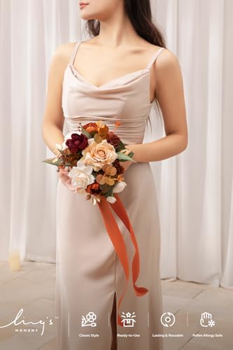 Ling's moment Terracotta Artificial Wedding Flower Bouquets for Bridesmaids Burnt Orange Floral Bouquet Rust Bridal Bouque...