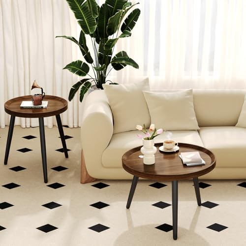 2 PCS Small Round Coffee Table Set, Mid Century Modern Coffee Tables for Living Room, Walnut Nesting Tables for Small Spac...