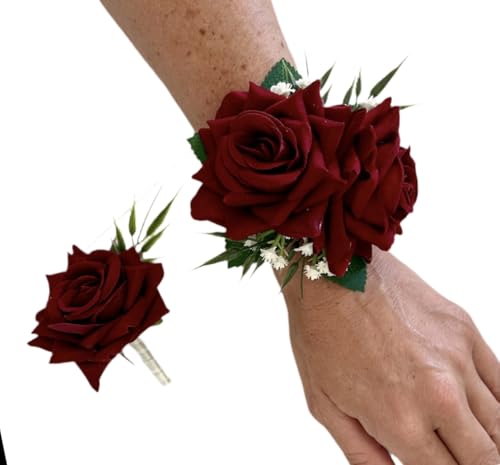 Flaural: Rose Wrist Corsage and Boutonniere Set, USA Handcrafted Baby's Breath Prom Flowers Wristlet Lapel Groom Floral Gr...