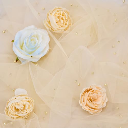 1 Pack Pearl Table Runner, Champagne Gold Boho Tulle Fabric Lace Table Runners 120 Inches for Bridal Shower Birthday Party...