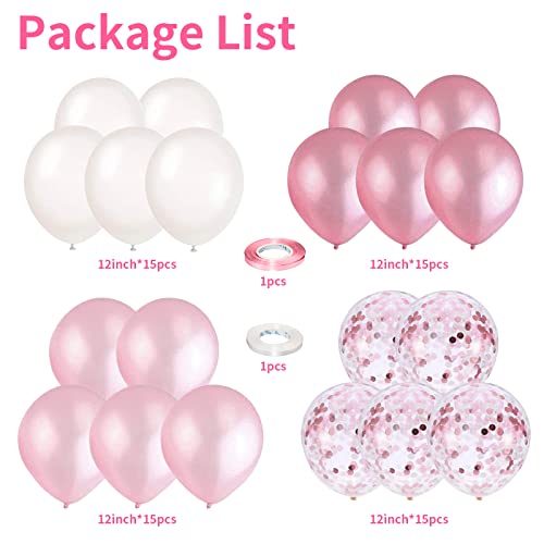 Balloons Pink and White, 60 Packs 12 Inch Light Pink White Balloons with Confetti Balloons for Birthday Party Decorations ...