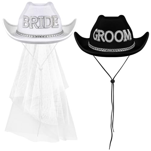 Geyoga 2 Pcs Bride Cowgirl Hat with Veil Feathers Black Groom Cowboy Hats for Wedding Bridal Shower Decor Gifts