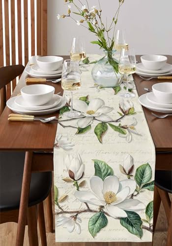 Vintage Floral Spring Table Runners 120 Inches Long, Rustic Botanical Table Runner Dresser Scarf, White Flower Farmhouse K...