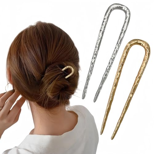 enophe 2PCS Metal U Shape French Hair Pins for Women,Cute Wavy Twist Hair Forks for Long Hair,Medium Silver Gold Hairpins,...