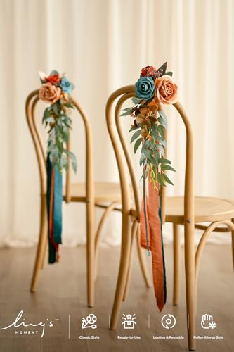 Ling's moment 8pcs Wedding Artificial Aisle Pew Flowers Chair Decorations Arrangements with Chiffon Ribbons Burnt Orange f...
