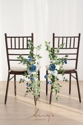 Ling's moment 8pcs Wedding Chair Decorations Aisle Pew Church Artificial Flowers Greenery Swags Dusty Blue & Navy Bench Ce...
