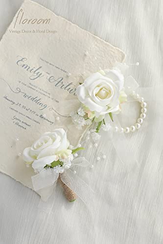 Floroom Ivory Rose Wrist Corsage Bracelet Wristlet Band and Men Boutonniere Set for White Wedding Flower Accessories Prom ...