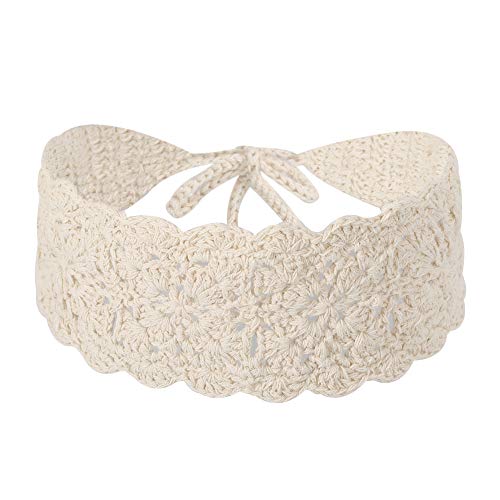 ZLYC Women Floral Headband Handmade Crochet Knit Vintage Hair Bands (Plain Ivory White)